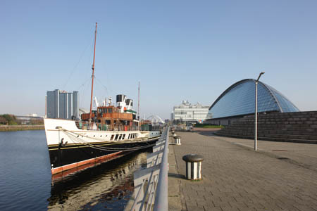 The Waverley paddle steamer docks at the Glasgow Science Centre